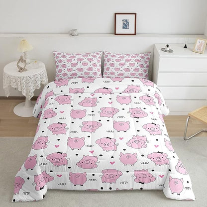 Erosebridal Pink Pig Comforter Set for Girls Kawaii Room Decor Twin,Cute Pigs Bedding Set for Kids Boys Children Farm Animal Quilted Duvet Sets Cartoom Style Soft Lightweight Down Comforter 2 Pcs