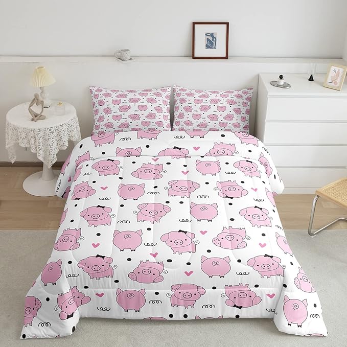 Erosebridal Pink Pig Comforter Set for Girls Kawaii Room Decor King,Cute Pigs Bedding Set for Kids Boys Children Farm Animal Quilted Duvet Sets Cartoom Style Soft Lightweight Down Comforter 3 Pcs