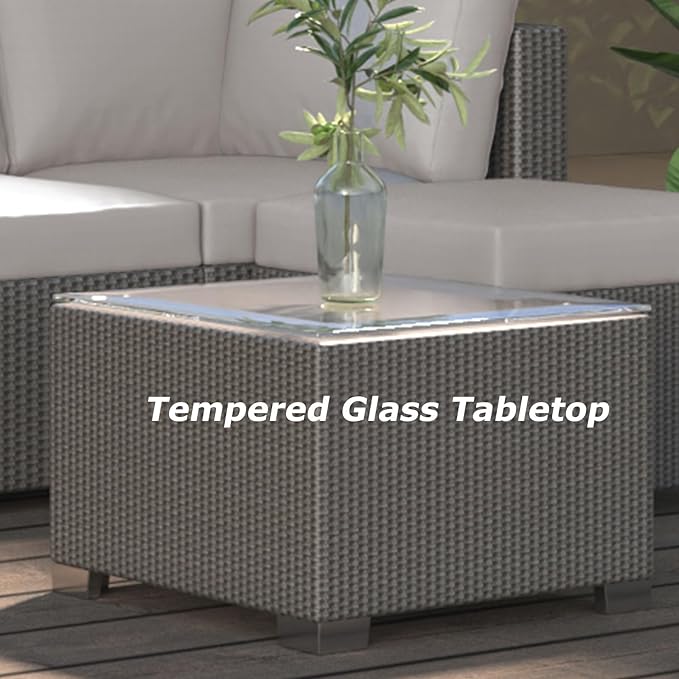 GAOMON 5-Piece Outdoor Patio Rattan Wicker Sofa Set, Pe Rattan Conversation Sectional with Thickened Back Cushion, Glass Tabletop, Ottoman - Ideal for Courtyard Space, Light-grey
