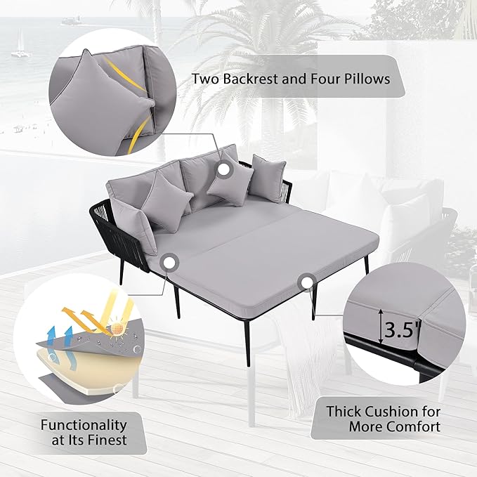 Patio Daybed Set for 2, Outdoor Furniture All-Weather Sofa Sunbed with Adjustable Iron Feet, Woven Nylon Rope Backrest, Washable Cushions and Pillows, for Balcony, Poolside, Gray