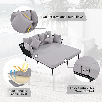 Patio Daybed Set for 2, Outdoor Furniture All-Weather Sofa Sunbed with Adjustable Iron Feet, Woven Nylon Rope Backrest, Washable Cushions and Pillows, for Balcony, Poolside, Gray