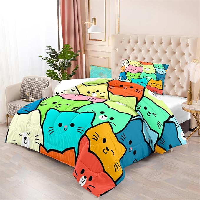 Cat Twin Comforter Set for Bedroom - 2Pcs Lovely Kitten Print Twin Bedding Set Cute Cat Patterns for Girls Boys Kids Warm Soft Breathable Cat Comforter with 1 Pillowcase for All Season, Twin Size