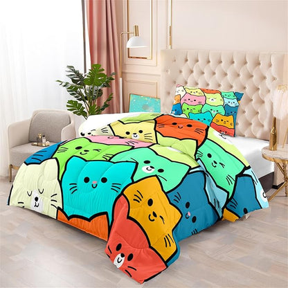 Cat Twin Comforter Set for Bedroom - 2Pcs Lovely Kitten Print Twin Bedding Set Cute Cat Patterns for Girls Boys Kids Warm Soft Breathable Cat Comforter with 1 Pillowcase for All Season, Twin Size