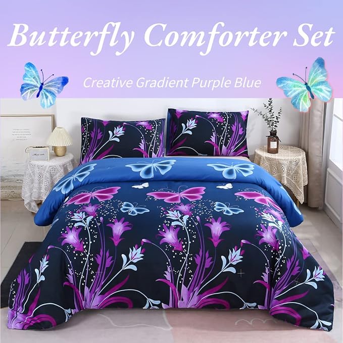 WINLIFE Butterfly Comforter Set Queen Size, 3Pcs Pink Purple Blue Black Animals Butterflies Floral Bedding Set for Girls Women, Soft Bed Set All Season Lightweight Down Alternative