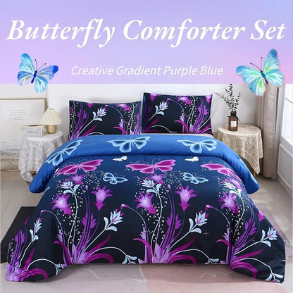WINLIFE Butterfly Comforter Set Queen Size, 3Pcs Pink Purple Blue Black Animals Butterflies Floral Bedding Set for Girls Women, Soft Bed Set All Season Lightweight Down Alternative