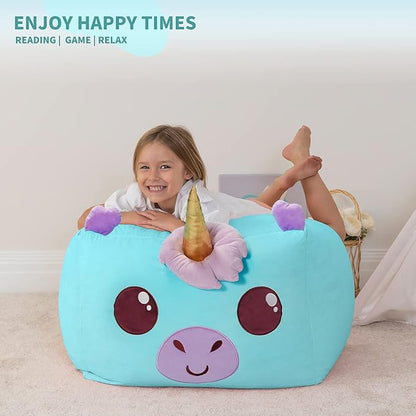 Aubliss Unicorn Stuffed Animal Storage Bean Bag Chair for Kids, Velvet Extra Soft Beanbag Chairs Cover, X-Large Stuffable Zipper Bean Bag for Organizing Plush Toys Girls Bedroom Decor, Cyan