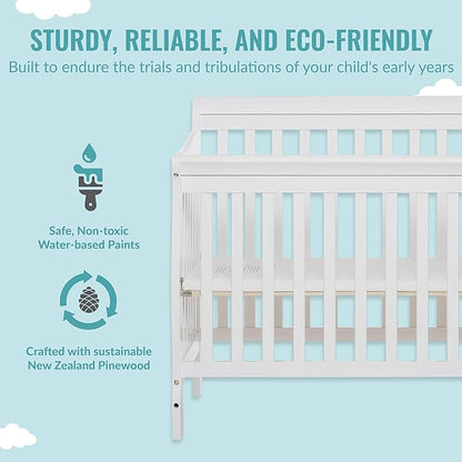Aden 4-in-1 Convertible Mini Crib In White, Greenguard Gold Certified, Non-Toxic Finish, New Zealand Pinewood, With 3 Mattress Height Settings