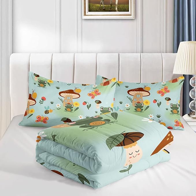 Datura home Cartoon Mushroom House Kids Comforter Bedding Set for Boys Girls, Green Grassland and Cute Frog Bee Print Comforter with 2 Pillowcases(Mushroom House Queen), Mushroom Frog