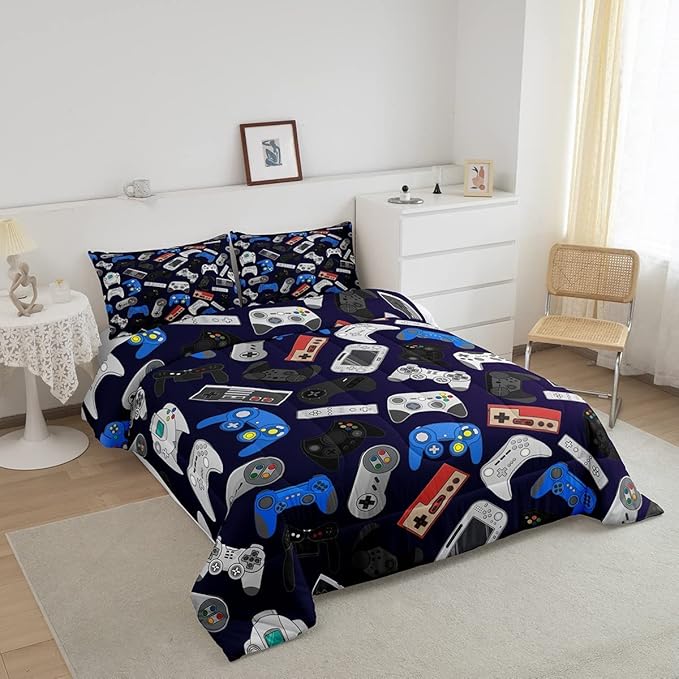 Erosebridal Boys Gamer Comforter Set Queen Size, Modern Game Down Comforter for Kids Teens Children, Video Game Bedding Set,Player Gaming Gamepad Joystick Soft Quilt Duvet Set, Room Decor