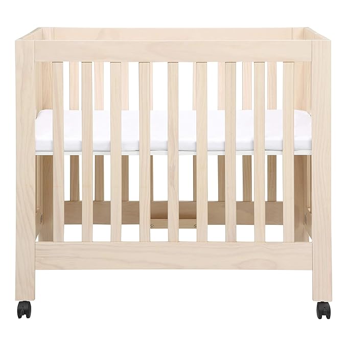 Babyletto Origami Mini Portable Crib Folding with Wheels in Washed Natural, 2 Adjustable Mattress Positions, Greenguard Gold Certified