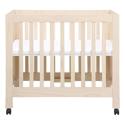 Babyletto Origami Mini Portable Crib Folding with Wheels in Washed Natural, 2 Adjustable Mattress Positions, Greenguard Gold Certified