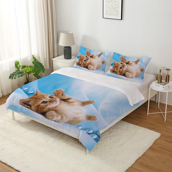 Cat Comforter Set Queen Size for Kids Blue Cat 3Pcs Bedding Set for boys and Girls (1Summer Comforter+ 2 Pillowcases) Lovely Animal Pets Duvet Set