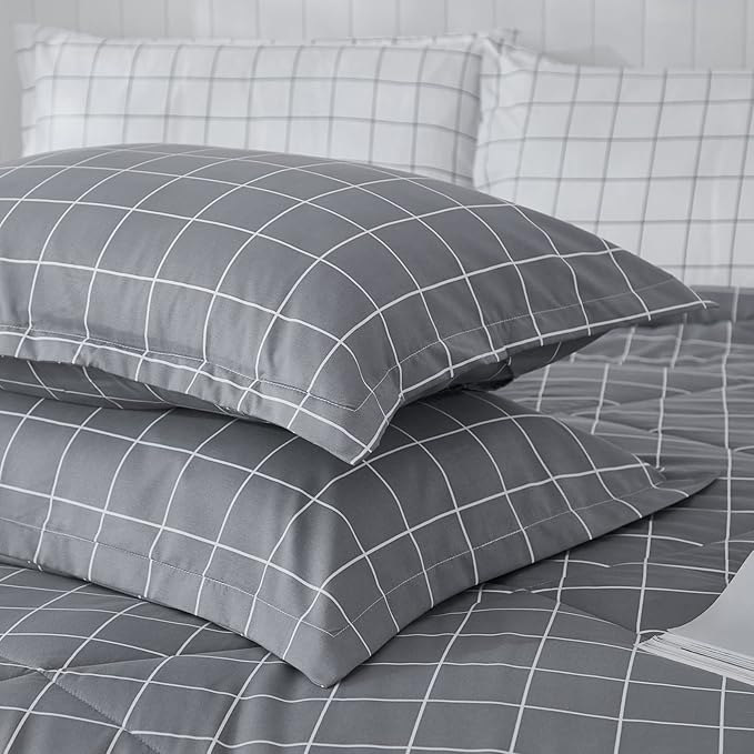 Andency Grey Grid Comforter Set Queen Size (90x90 inch), 3 Pieces (1 Grey Comforter and 2 Pillowcases), Summer Lightweight Microfiber Down Alternative Bedding Comforter Sets with White Lines