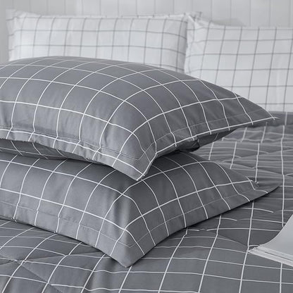Andency Grey Grid Comforter Set Full Size (79x90 inch), 3 Pieces (1 Grey Comforter and 2 Pillowcases), Summer Lightweight Microfiber Down Alternative Bedding Comforter Sets with White Lines