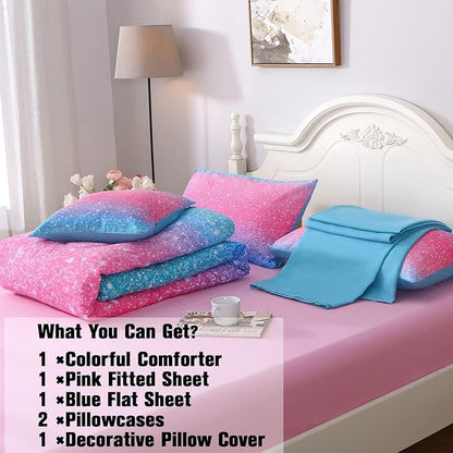 JQinHome Girls Comforter Sheet Set Full Size 6 Piece Bed in A Bag 3D Colorful Pink Rainbow Themed Bedding Set for Girls Women 1 Comforter,2 Pillowcases,1 Flat Sheet,1 Fitted Sheet,1 Cushion Cover