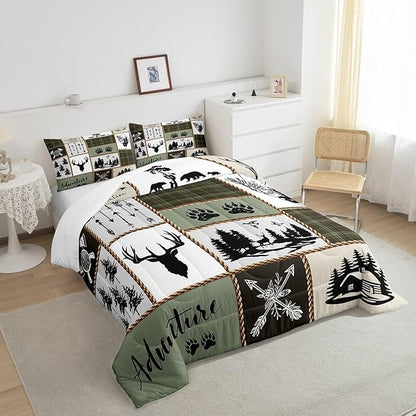 Rustic Farmhouse Kids Comforter Set Full Size,Deer Antlers Bear Paws Plaids Patchwork Bedding Set for Boys Girls Adults Room Decor,Pine Trees Arrows Down Comforter,Retro Duvet Insert,2 Pillowcases