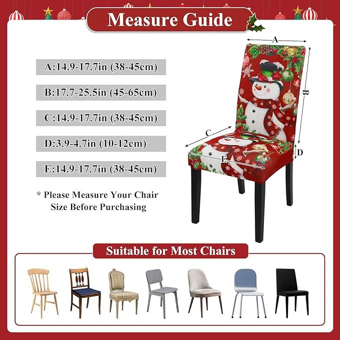 U'Artlines Christmas Chair Covers Set of 6, Removable Washable Merry Christmas Dining Chair Seat Covers Stretch Protector Slipcovers for Dining Room Kitchen Holiday Party Decor, Snowman