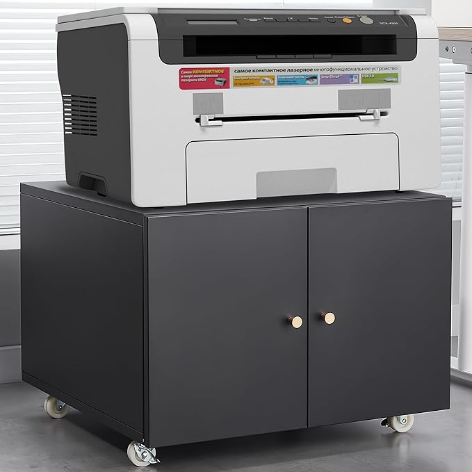 17.70" Metal Office Copier 2 Door and 360 ° Universal Wheel,Mobile Lateral Filing Cabinets w/Aluminum Alloy Handle,Rolling Printer Stand for Legal/Letter/A4,Black
