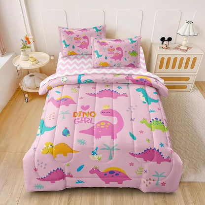 Girls Dinosaur Bedding Twin Green Pink Dinosaur Comforter Set, Cute Cartoon Down Comforter for Little Girls Teens Kids Adults Room Decor, Reversible Bed-in-a-Bag 5-Piece Bed Sets