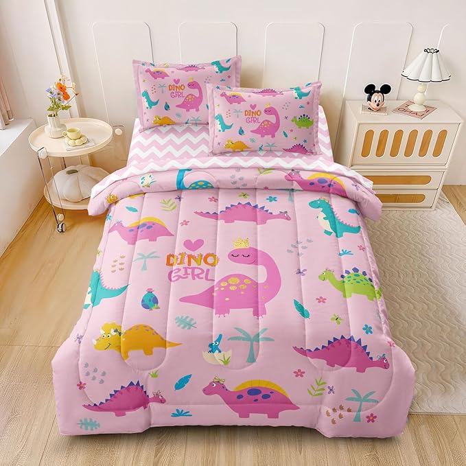 Girls Dinosaur Bedding Full Green Pink Dinosaur Comforter Set, Cute Cartoon Down Comforter for Little Girls Teens Kids Adults Room Decor, Reversible Bed-in-a-Bag 5-Piece Bed Sets