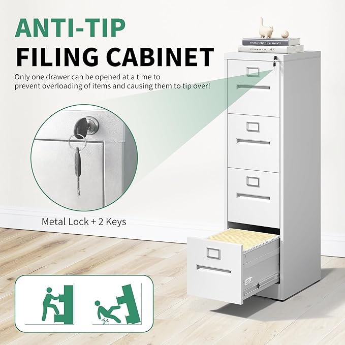 4 Drawer File Cabinet,Metal Filing Cabinets with Lock,White Vertical File Cabinet for Home Office,Heavy Duty Metal Storage Cabinet for A4/Letter/Legal Size File,Assembly Required