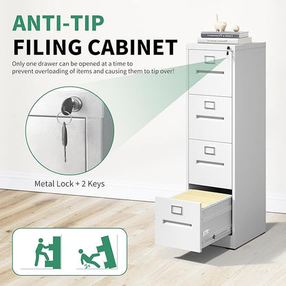4 Drawer File Cabinet,Metal Filing Cabinets with Lock,White Vertical File Cabinet for Home Office,Heavy Duty Metal Storage Cabinet for A4/Letter/Legal Size File,Assembly Required