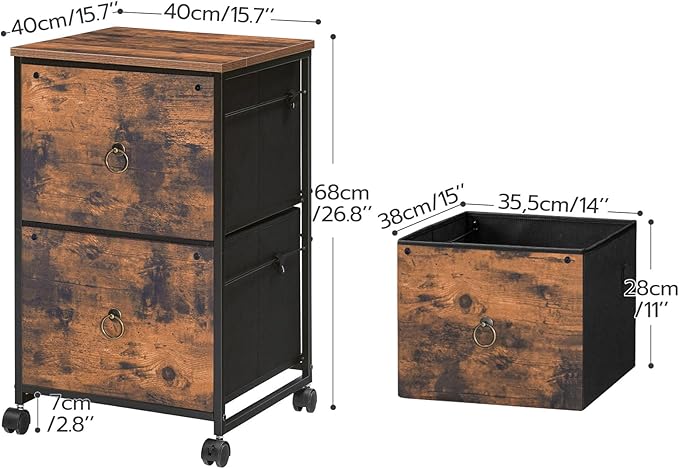 HOOBRO 2 Drawer Mobile File Cabinet, Rolling Printer Stand, Vertical Filing Cabinet, Office Cabinet, Filing Cabinet for Home Office, A4/Letter Size, Nonwovens Drawer, Rustic Brown BF20WJ01