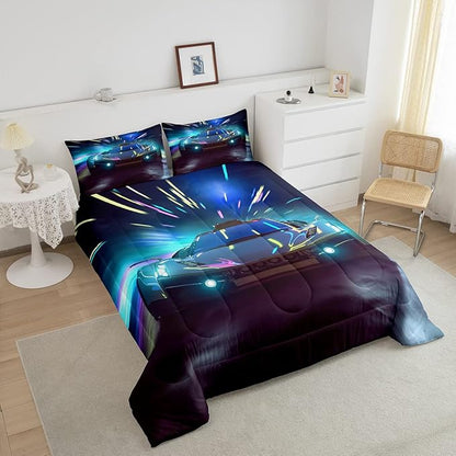 Boys Race Car Down Duvet, Cool Sports Car Comforter Set For Men Women, Extreme Sports Racer Bedding Set Full, Yellow Automobile Car Quilt Set, 1 Comforter Set With 2 Pillowcases, Lightweight, Blue