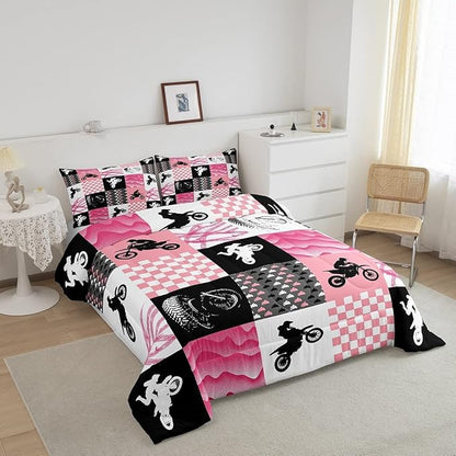 Motocross Comforter Set, Dirt Bike Bedding Sets & Collections King, Motorcycle Rider Down Comforter for Kids Boys Girls, Motorbike Extreme Sport Game Comforter Set, Buffalo Plaid, Pink Grey Black