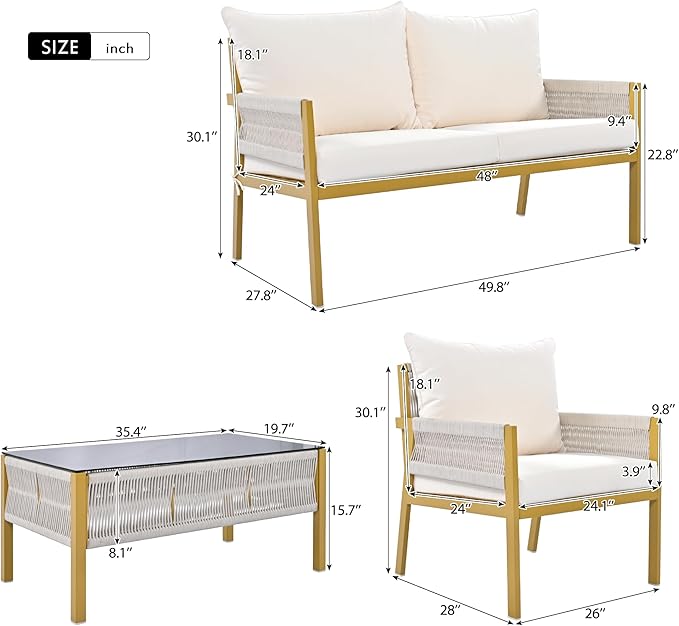 4-Piece Patio Conversation Furniture Set, Rope Weave Outdoor Loveseat Sofa with 2 Armchairs, Thick Cushion&Tempered Glass Table, for Garden Backyard, Onesize, Beige+Mustard Yellow