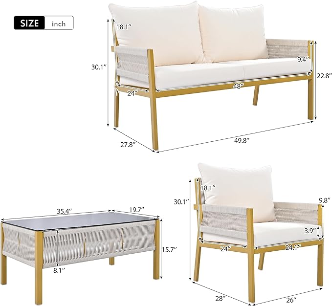 4 Piece Patio Furniture Set, Outdoor FSC Certified Acacia Wood Conversation Set, All-Weather Rope Sofa Set w/Tempered Glass Table, Loveseat for Lawn Balcony Poolside, Backyard, Backyard