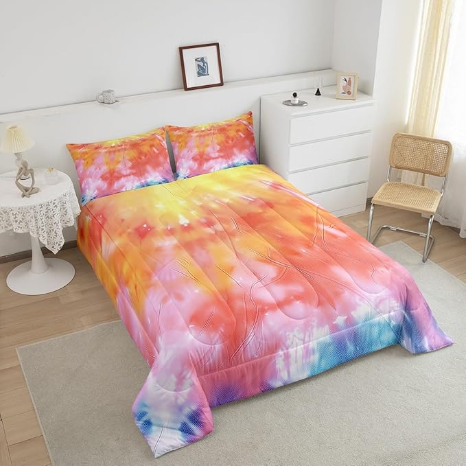 Boho Comforter Set Spiral Tye Dye Pattern 3pc Down Comforter Queen Size Rainbow Bedding Sets with 2 Pillowcases Soft Comfortable Machine Washable,Trippy Psychedelic Gypsy Duvet Quilt Set for Teen Girl