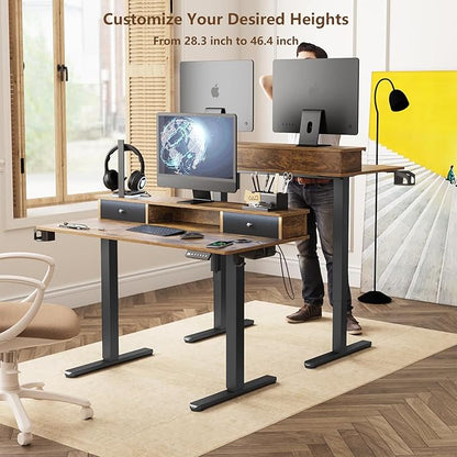 Electric Adjustable Standing Desk, Sit Stand Desk with Power Outlets & LED Lights 48”Adjustable Height Standing Desk with Drawers Adjustable Table Desk Riser for Home Office