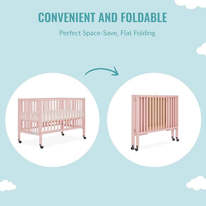 Quinn Full-Size Folding Crib in Blush Pink, Removeable Wheels, Modern Nursey, Adjustable Mattress Support, Portable Crib, Patented Folding System