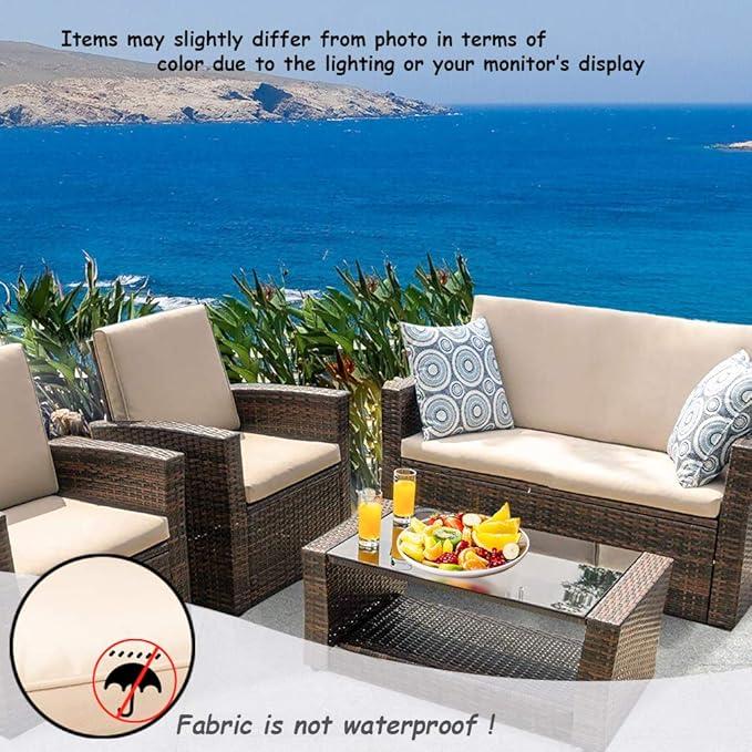 FDW Sectional Sofa Rattan Chair Wicker Conversation Set Outdoor Backyard Porch Poolside Balcony Garden Furniture with Coffee Table, Brown