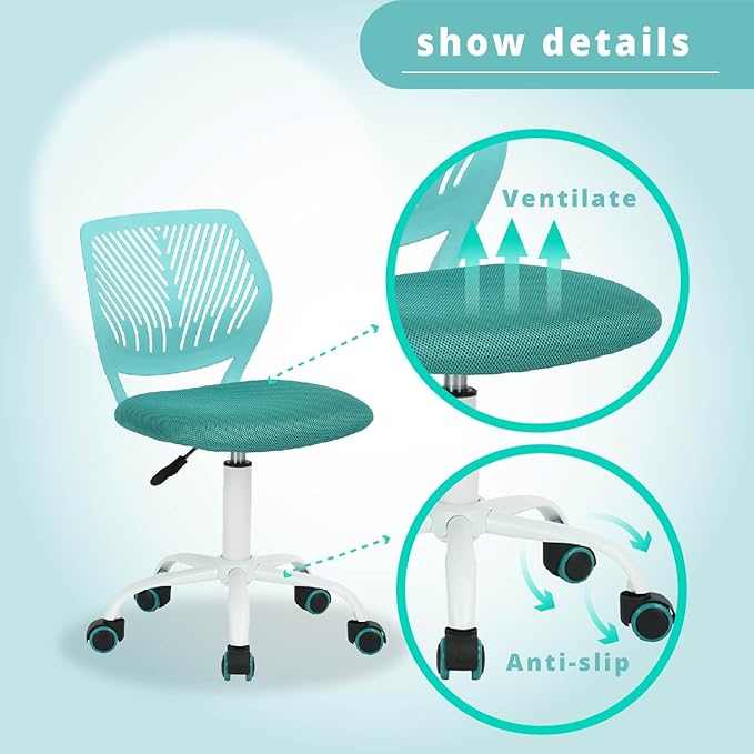 FurnitureR Writing Task Chair 360 Swivel,Low Mid PP Mesh Back Fabric Seat, Height Adjustable, Rolling Castor,W15.7”xD15.2”x H29.5-34.2",Turquoise