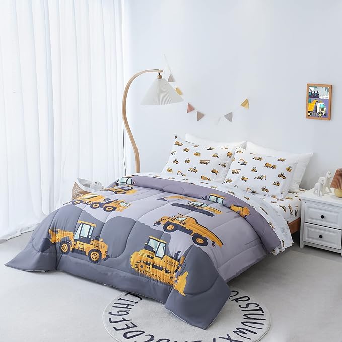 Twin Size Comforter Set for Boys, 4-Piece Bed in a Bag, 3D Construction Bedding Comforter Sheet Set, Ultra Soft and Fluffy, Cartoon Truck Cars