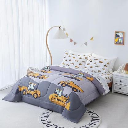 Twin Size Comforter Set for Boys, 4-Piece Bed in a Bag, 3D Construction Bedding Comforter Sheet Set, Ultra Soft and Fluffy, Cartoon Truck Cars