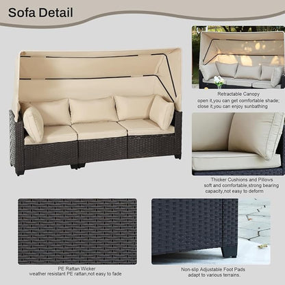 6 PCS Outdoor Patio Furniture Set,Sectional Sofa Set,Rattan Daybed with Retractable Canopy,Adjustable Backrest,Storage Coffee Table for Porch Garden Poolside Backyard(Khaki)