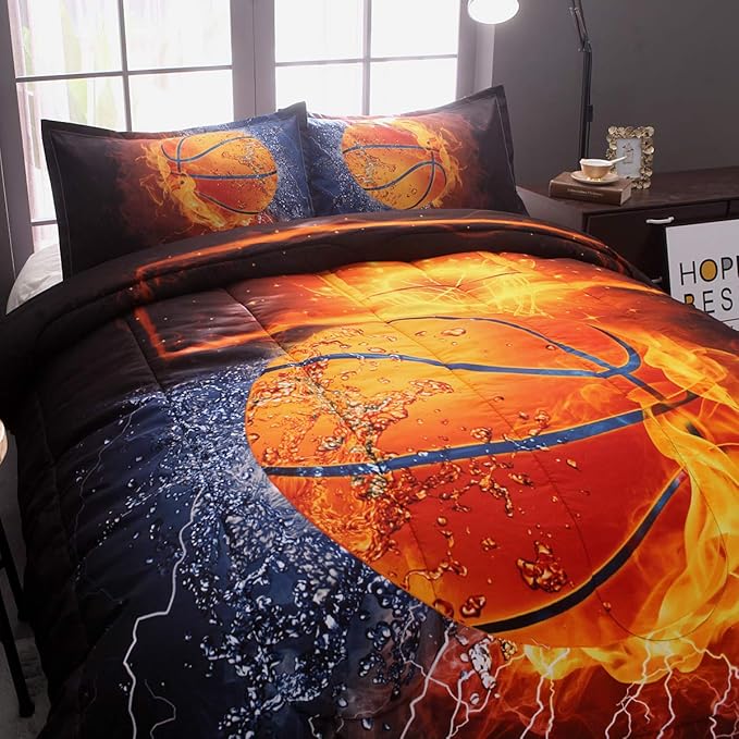 Btargot Twin Basketball and Fire Quilt Set Bedding Sets, 3D Sports Themed Bedding, All-Season Reversible Quilted Duvet, for Children Boy Girl Teen Kids - includes 1 Comforter, 2 Pillow Sham