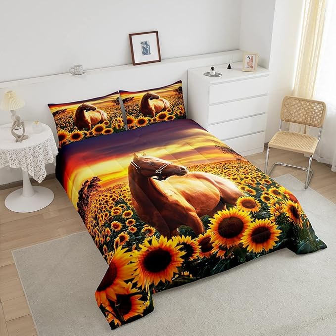 Erosebridal Brown Horse Comforter Set King Size for Kids Adult Teens Farmhouse Decor Sunflower Bedding with Sunset, Cowboys 3D Wild Animal Horse Print Quilt Rustic Style Cowgirls Down Comforter