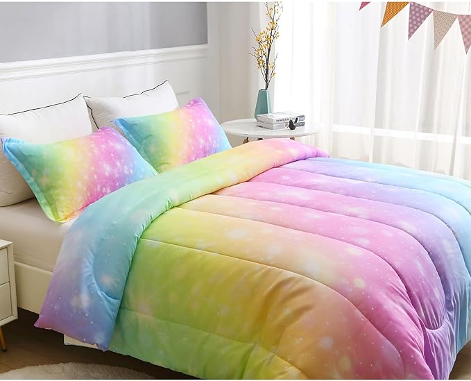 Girls Unicorn Bedding Set 3 Piece Rainbow Comforter Set for Teen Girls Adults with Sparkle Stars Soft Bedding Sets Machine Washable, Multi, Twin