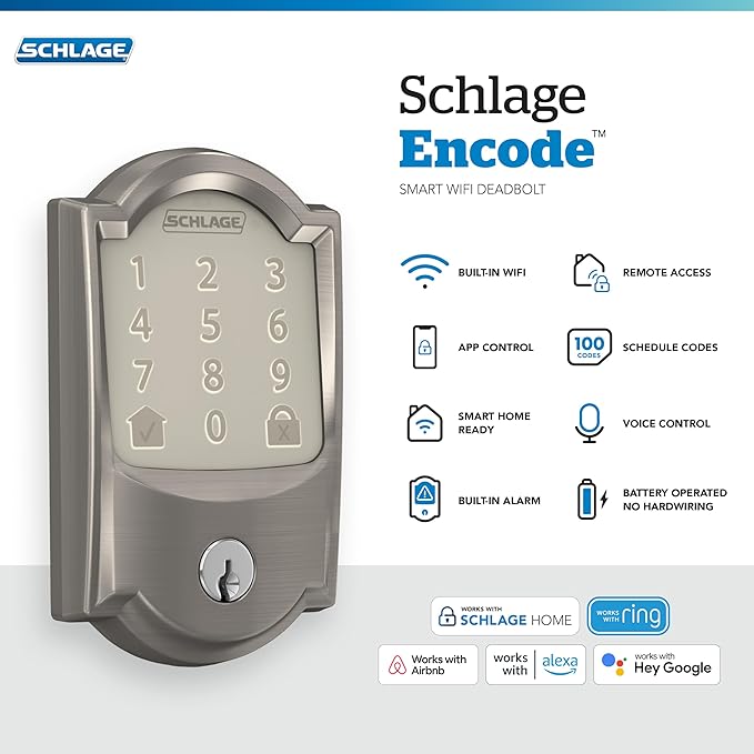 SCHLAGE Encode Smart Wi-Fi Deadbolt with Camelot Trim in Satin Nickel
