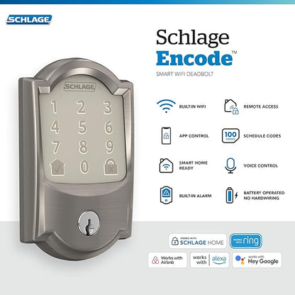 SCHLAGE Encode Smart Wi-Fi Deadbolt with Camelot Trim in Satin Nickel