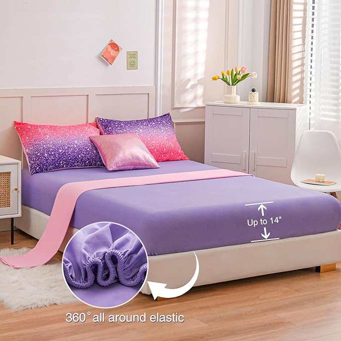 A Nice Night Girls Comforter Set Full 6 Piece Bed in A Bag 3D Colorful Sparkle Galaxy Rainbow Bedding Comforter Sheet Sets for Kids,RedPurple