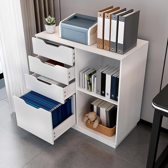 4 Drawers Lateral File Cabinets, Wood Filing Cabinet, Printer Stand with Open Storage Shelves for Home Office, 6 Compartments, White