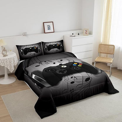 Gamer Comforter Set Twin Size,Black Grey Headphones Musical Design Games Gamepad Bedding Set for Kids Boys Video Game Room Decor Retro Playing Gamer Down Comforter Gaming Controller Quilted Duvet Set