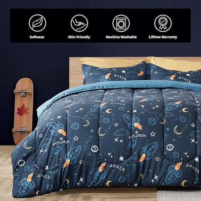 SLEEP ZONE Kids Twin Bedding Comforter Set - Super Cute & Soft Kids Bedding 5 Pieces Set with Comforter, Sheet, Pillowcase & Sham (Space Rocket)