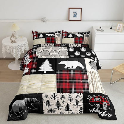 Bear Comforter Set King Size,Pine Trees Animals Hunting Bedding Set for Kids Boys Girls Adults Room Decor,Camping Adventure Rustic Farmhouse Down Comforter,Red Plaids Duvet Insert,2 Pillowcases