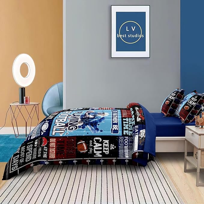 American Football Bedding Twin for Teen Boys, Kids Sports Comforter Set Bed in A Bag, Blue Children Bed Set with Sheets Twin Size